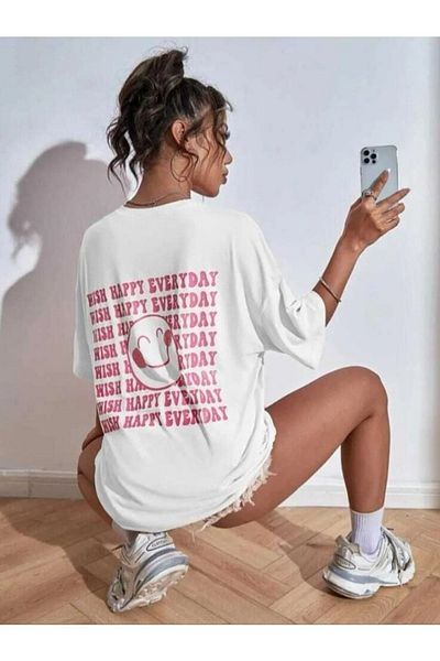 Know Tricou oversize cu imprimeu White Wish Happy Everyday pentru femei