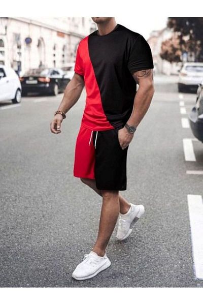 Know Men's Black Red Horizontal Pattern Oversize Shorts Suit