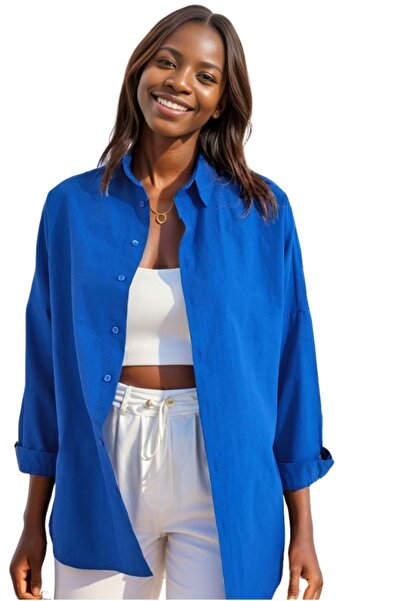 Cassime Kadın Saks Mavisi Oversize Uzun Basic Gömlek