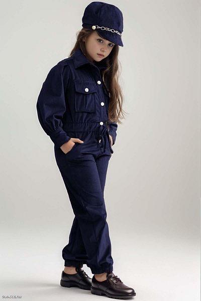 Riccotarz Navy Blue Velvet Jumpsuit - Girl, Shirt Collar, Elastic Waist, Snap Button Detail