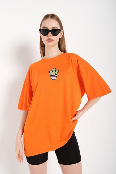 Know Women's Orange Cactus Logo Printed Oversize T-shirt