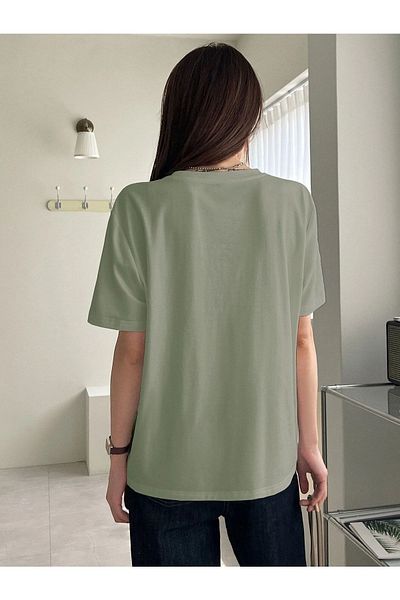 Know Women's Green Double Heart Printed Oversize T-shirt