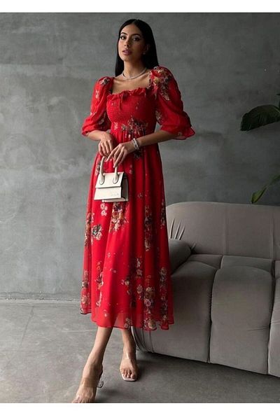 Know Red Chiffon Women's Dress - Lined, Square Collar