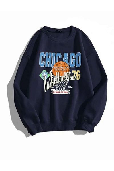 Know Női sötétkék Chicago 76 nyomott nagyméretű pulóver