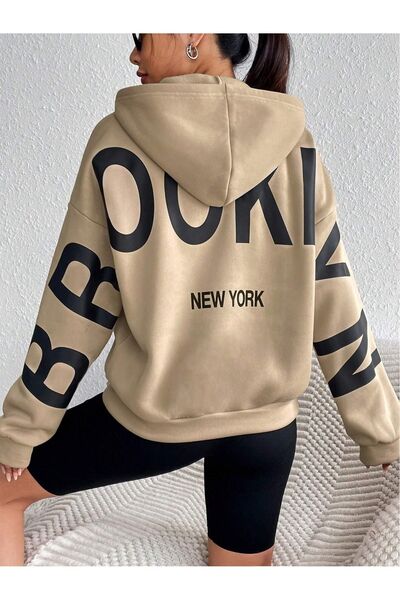 Know Women's Mink Sleeves Brooklyn New York Printed Oversize Hooded Sweatshirt Hoodie
