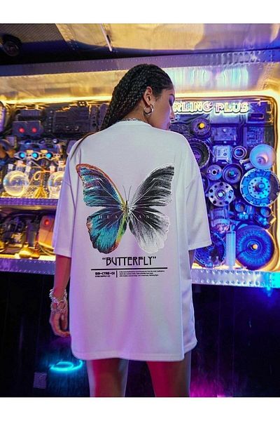 Know Tricou oversize imprimat cu fluture alb față și spate pentru femei