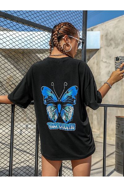 Know Tricou negru oversize cu imprimeu fluture de damă