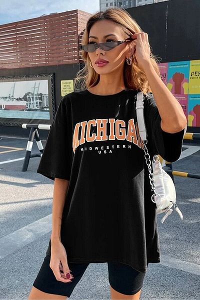 Know Schwarzes, bedrucktes Oversize-T-Shirt „Michigan“ für Damen