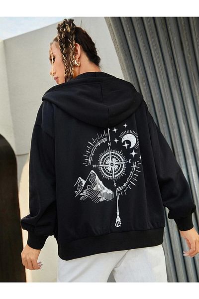 Know Hanorac negru oversize cardigan cu imprimeu la spate busolă pentru femei