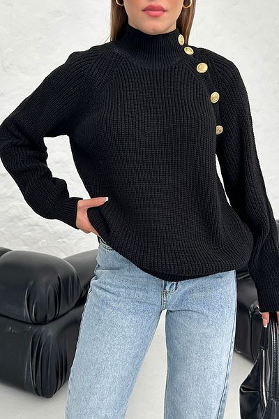Know Pulover de damă negru cu guler înalt cu mâneci raglan cu detaliu cu nasturi