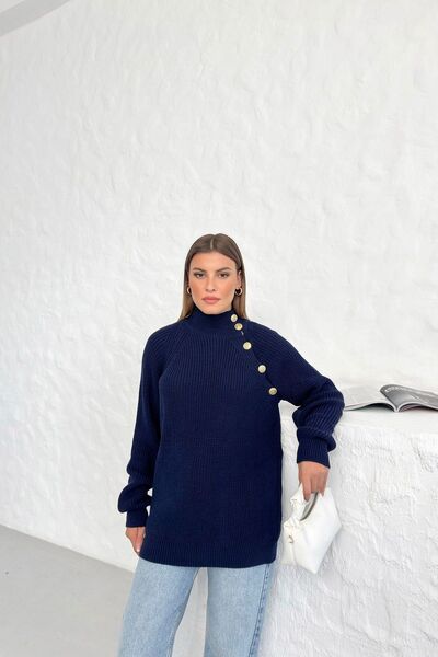 Know Γυναικείο πουλόβερ με ψηλό γιακά και κουμπιά navY μπλε με λεπτομέρεια