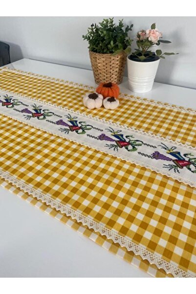 NESLİHAN HOBİ ATÖLYESİ Gerçek Otantik El Işlemeli Kanaviçe Runner Masa Örtüsü 50X125
