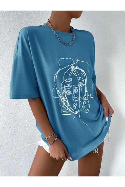 Know Women's Striped Figure Oversize Indigo T-shirt