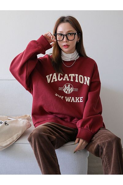 Know Women's 3 Thread Claret Red Vacation Joy Wake Printed Oversize Crew Neck Sweatshirt
