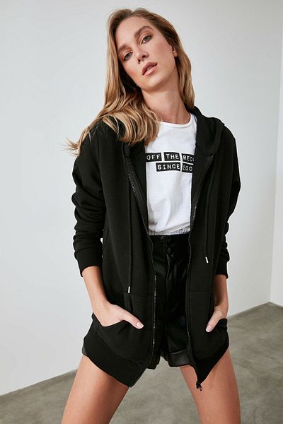 Know Hanorac negru oversize pentru femei cu fermoar