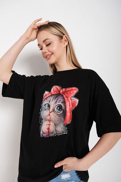 Know Tricou oversize cu imprimeu Black Cat de damă