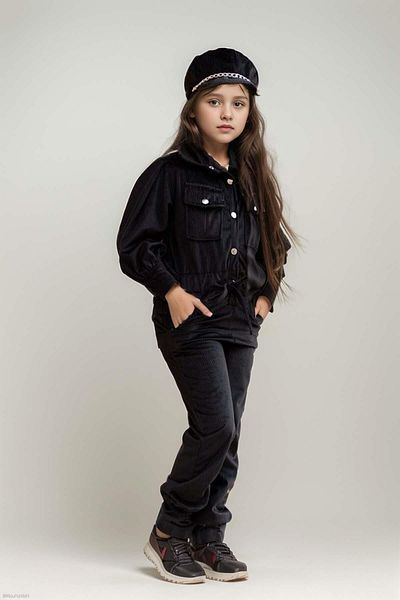 Riccotarz Girl's Black Velvet Jumpsuit - Shirt Collar, Snap Button Detail and Elastic Waistband