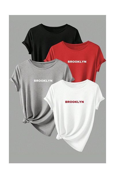 Know Unisex 4er Pack Brooklyn Printed Oversize T-Shirt Weiß Grau Rot Schwarz