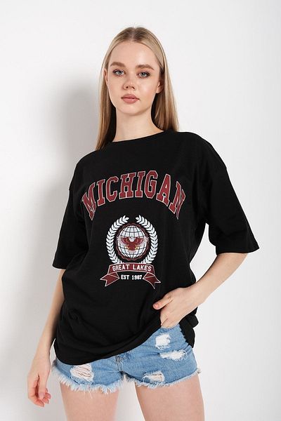 Know Tricou oversize cu imprimeu negru Michigan Eagle pentru femei