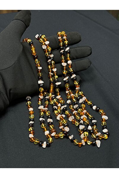 KEHRİBAREVİ EREĞLİ Kehribar kolye yetişkin pembe kuvars kombinli kehribar kolye gerdanlık