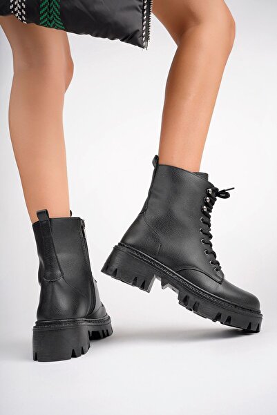 meyra'nın ayakkabıları Μαύρα Γυναικεία Μποτάκια - Δερμάτινα με φερμουάρ και κορδόνια