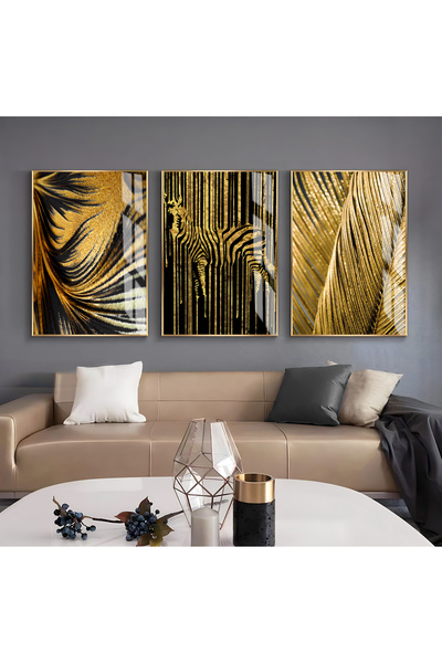 Harikabirev HARİKABİREV | CULOARE NEGRU-AURIE FRUNZĂ DE ZEBRA ȘI COMBINARE ABSTRACTĂ | TABLO DE STICLA CU CADRU 3 PIESE VERTICAL