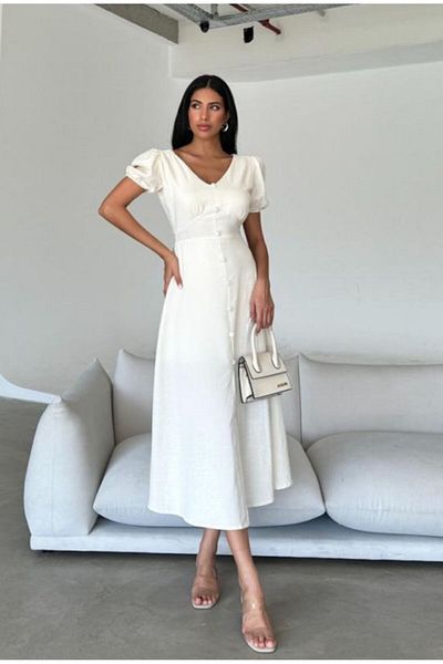 Know Linen Dress - Front Button and Chest Gather Detail, Cream Color