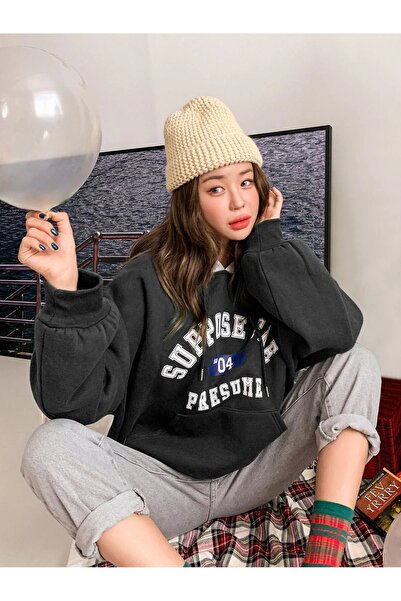 Know Kadın 3 Iplik Siyah Suppose Baskılı Oversize Sweatshirt