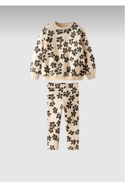 Monila New Season Girl's Floral Patterned Cotton Sweatshirt and Leggings Set - 3 Thread