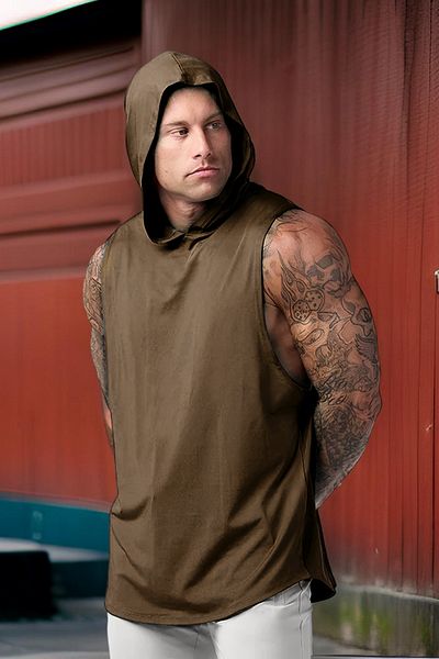 BESSA Men's Brown Hooded Cotton Sports Tank Top and T-Shirt Set