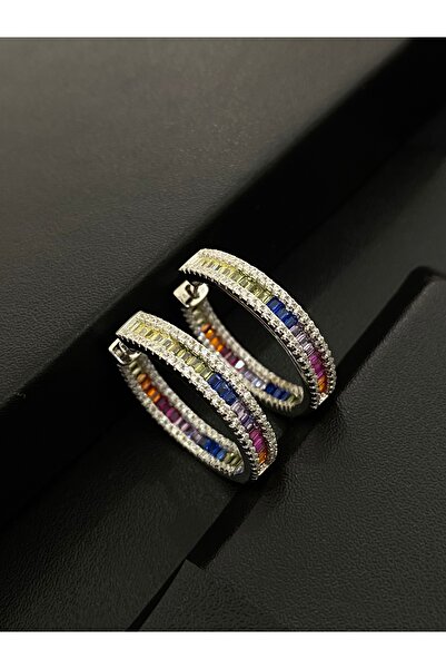 Kiriş Gümüş 925 Ayar Gümüş Mix Taşlı Kadın Gümüş Halka Küpe (25MM) (4.5MM)