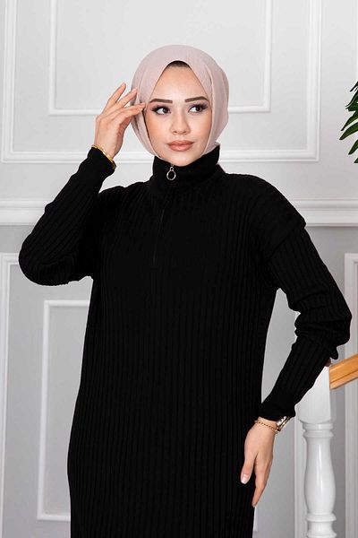 EBRUTESETTÜR Black Hijab Knitwear Dress - Half Zipper