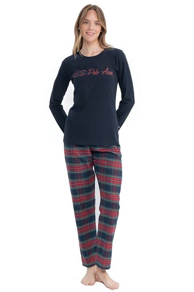 U.S. Polo Assn. Gât crew, imprimeu în carouri, 100% bumbac, mânecă lungă, set pijamale damă bleumarin