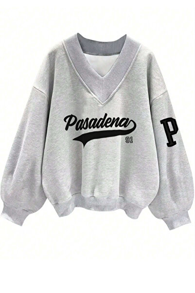 FUWEAR Oversize V Yaka Pasadena Baskılı 3 iplik Sweatshirt