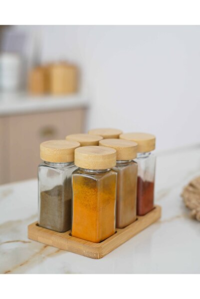 KaiHome طقم رف توابل مربع مكون من 6 قطع - حامل بغطاء من الخيزران الزجاجي