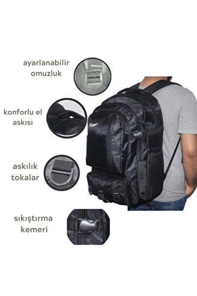 Baggor 50 Lt Siyah Büyük Boy Su Geçirmez Çok Gözlü Yürüyüş-seyahat-okul-dağcı-trekking Sırt Çantası