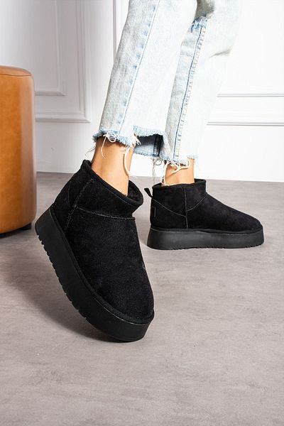 Ecru Black Suede Mini Boots - Thick Sole and Fur Inside