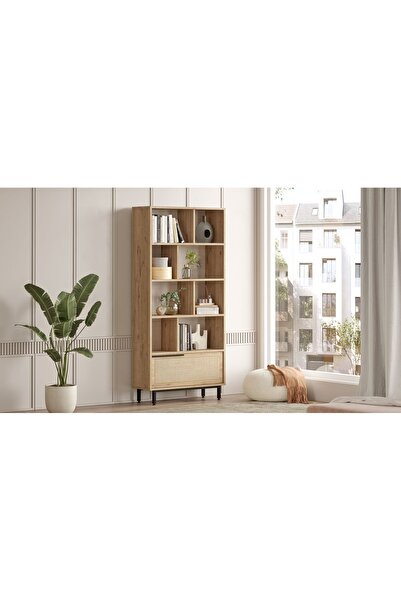 Robin Home Lidya Kitaplık Raf Metal Ayaklı 176cm Uv Baskı Kapaklı Sepet-Jüt