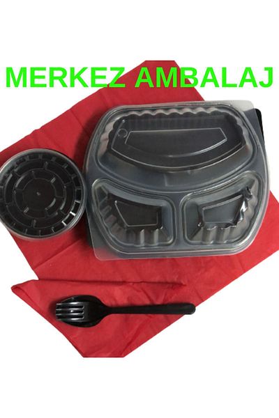 ELFUMER Heat Resistant Black Food Container - 3 Compartments, Lid, 15 Pieces of Fork Spoon and Soup Bowl