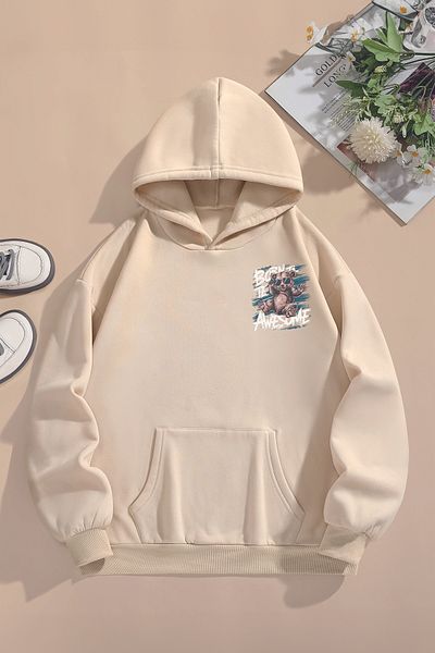 MYADA Hanorac pentru copii cu glugă supradimensionat cu imprimeu Happy Teddy Bear sezon nou - fleece, scris Born 22528