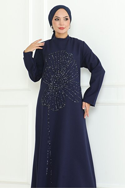 Bestenur Синя сукня з вишивкою з каменів Zeral 1200