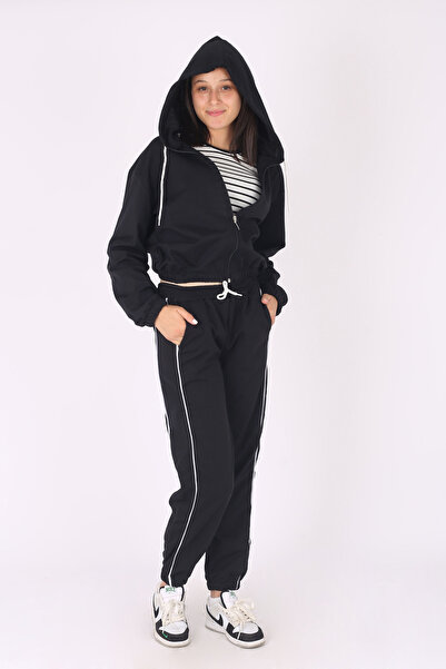 cm buseyiz 3'Lü Kapüşonlu Crop Ceket&Crop T-shirt&Ara Biyeli Alt-Kız Çocuk Eşofman Takımı