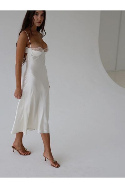 AyBer Textile White Satin Midi Nightgown