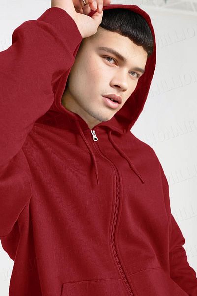Millionaire Men's Red Oversize Fleece Sweatshirt - Hooded, Zippered, 3 Thread Zip up Hoodie