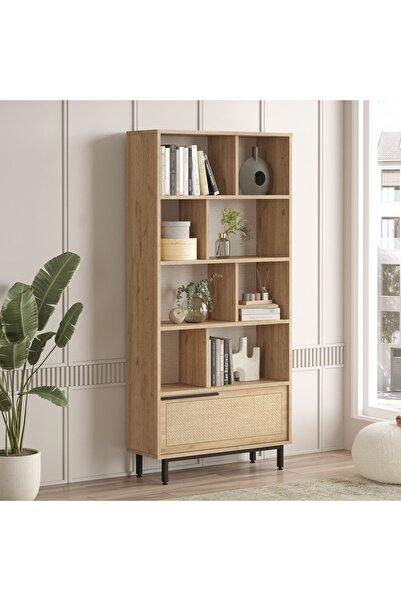 Robin Home Lidya Kitaplık Raf Metal Ayaklı 176cm Uv Baskı Kapaklı Sepet-Jüt