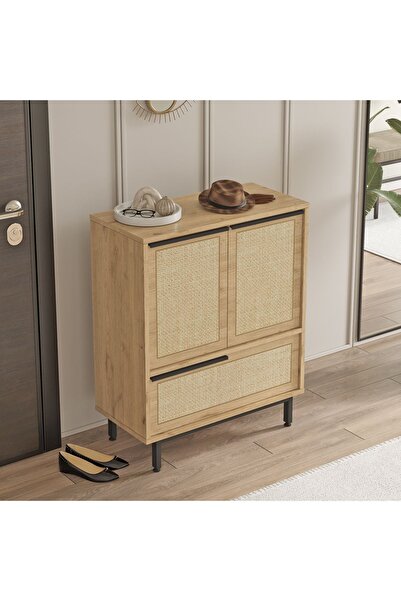 Robin Home Lidya Ayakkabılık Çok Amaçlı Dolap 3 Kapaklı Metal Ayaklı Uv Baskı Sepet-Jüt