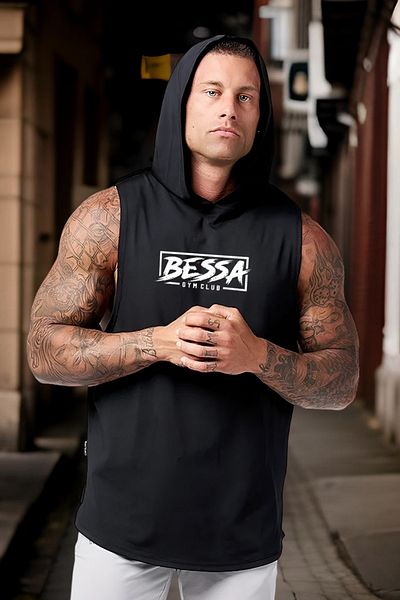 BESSA Men's Sportsman T-Shirt - Printed, Black, Hooded, Cotton, Undershirt, Sleeveless
