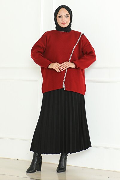 Bestenur Claret Red Asymmetric Cut Knitwear Sweater 1194