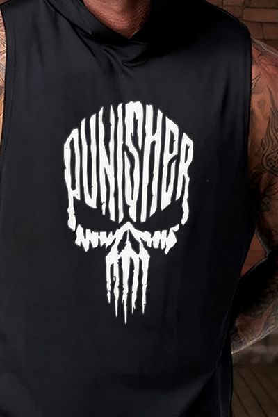 BESSA Punisher Printed Men's Black Undershirt - Oversize, Hooded, Sleeveless, Cotton, Crew Neck