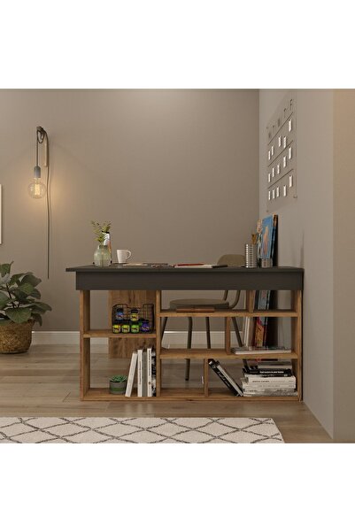 Robin Home Çam-gri Boston Kitaplık Raflı Çalışma Masası L Ofis Çalışma Masası